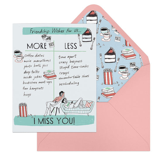 Miss You Friend More/Less Greeting Cards by Julia Rothman, Em & Friends