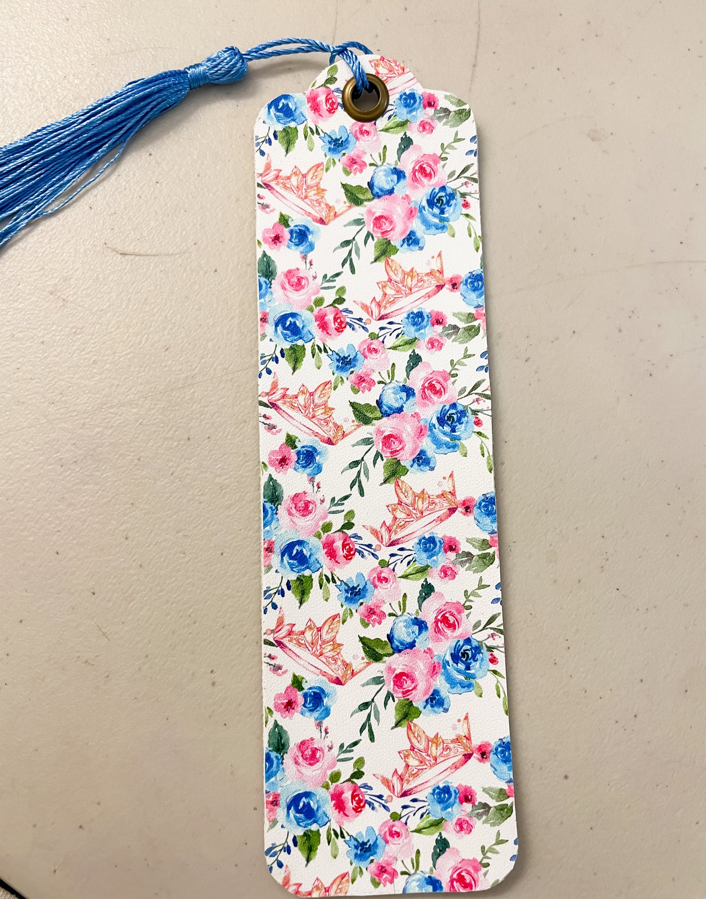 Crown and Pink & Blue Florals Faux Leather Bookmark | Faux Vegan Leather Bookmarks