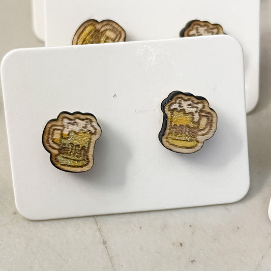 Tiny Beer Brew Stud Earrings | Hand painted Wooden Earrings