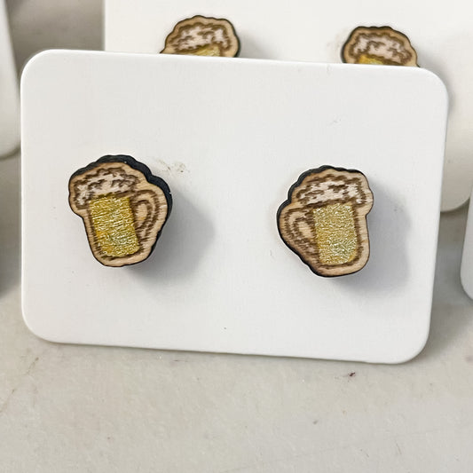 Tiny Beer Brew Stud Earrings | Hand painted Wooden Earrings