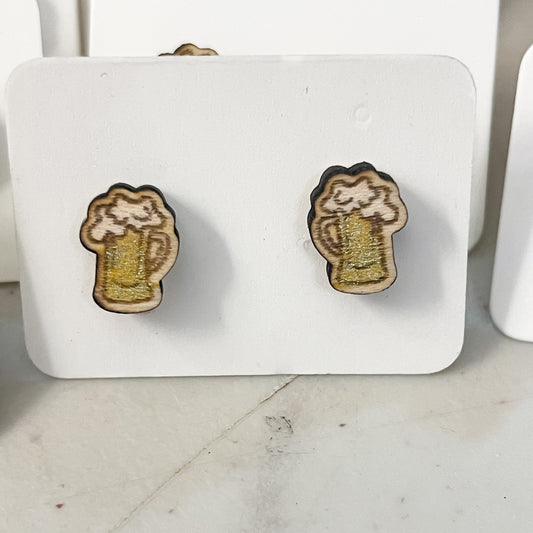 Tiny Beer Brew Stud Earrings | Hand painted Wooden Earrings