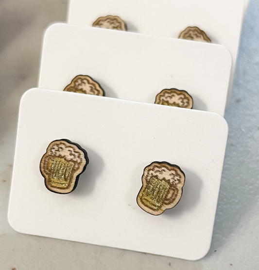 Tiny Beer Brew Stud Earrings | Hand painted Wooden Earrings